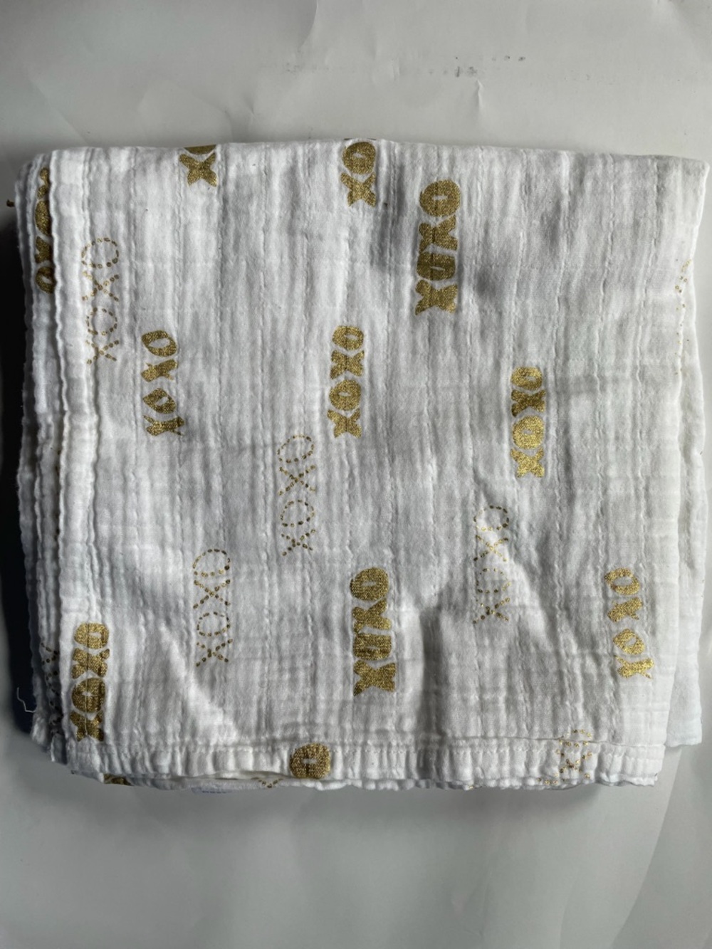Pottery Barn Kids White Muslin Swaddle Blanket with Gold 'XOXO' Print